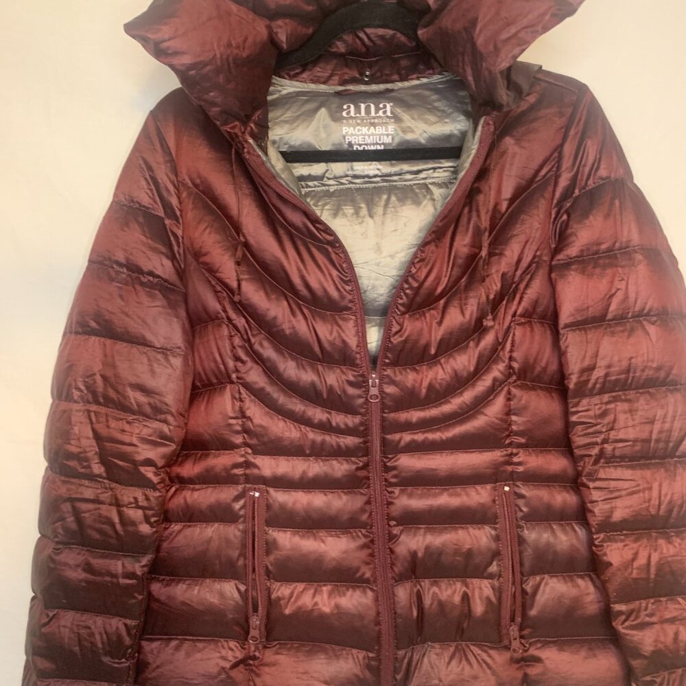 ANA Women's Packable Premium Down Puffer Jacket M w/ Hood Burgundy